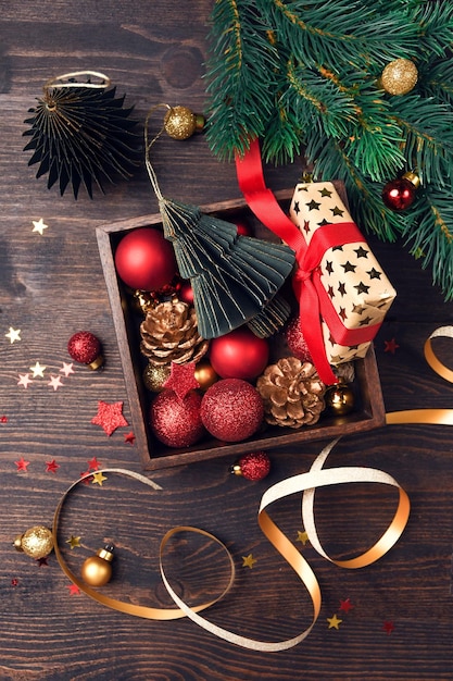 Festive christmas new year background colorful and gold gift\
boxes and holiday decorations