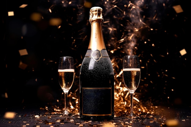 Festive Christmas and New Year background with golden champagne bottle and glasses party decorations with confetti on dark background