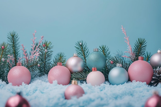 Festive Christmas ornaments nestled in snow with a cool blue background