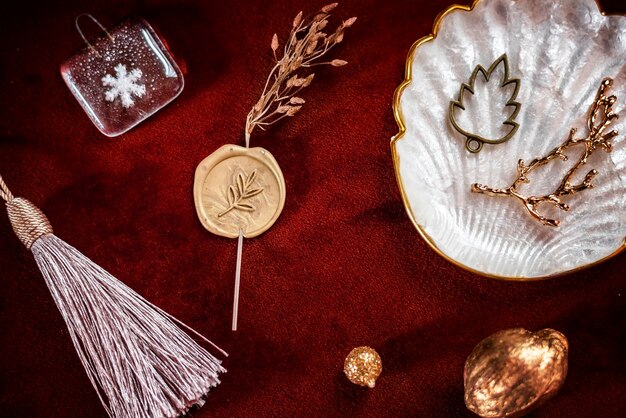 Festive Christmas ornaments on a red background