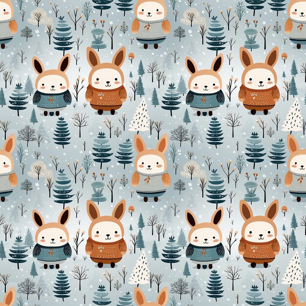 festive Christmas seamless pattern with hares in winter in the forest on a blue background