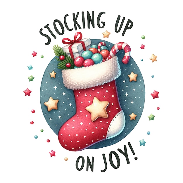 Праздничный рождественский чулок, наполненный конфетами, подарками и звездами, звездный фон. Запасаемся радостной цитатой.