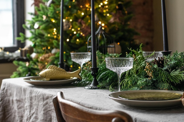 Festive christmas table setting with champain glasses Restaraunt menu