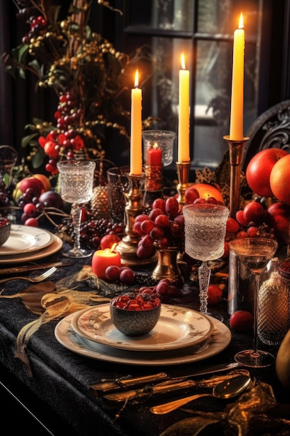 Festive christmas table setting with decorations created with generative ai