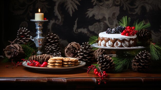 Foto tavolo natalizio festivo con dolci e rami di abete