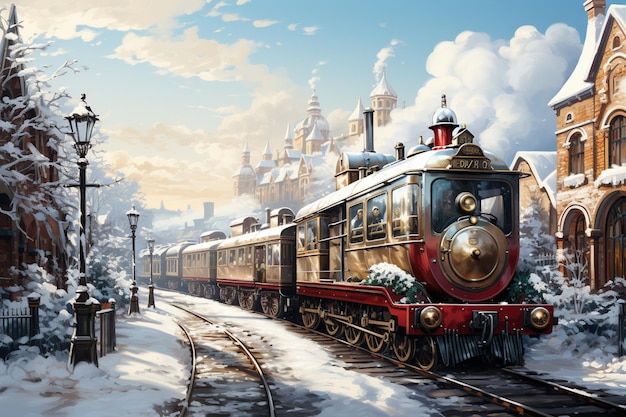 festive christmas train on greeting postcardsnowy winter holidays