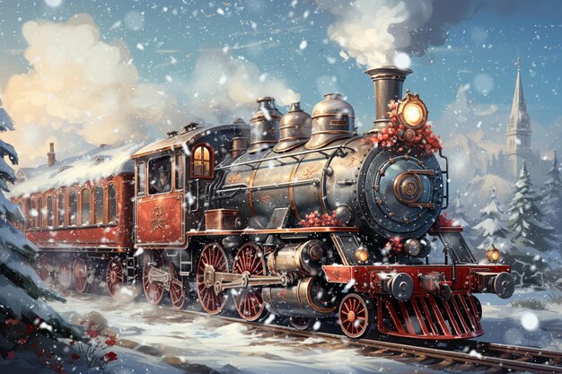 Фото Праздничный рождественский поезд на поздравительных открытках снежные зимние праздники