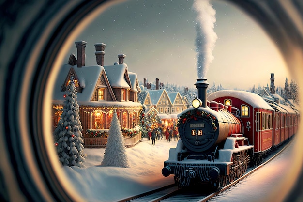 Foto stazione ferroviaria festiva di natale e treno espresso polare che si avvicinano