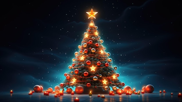 A festive Christmas tree adorned with ornaments twinkling lights and a shining star on top