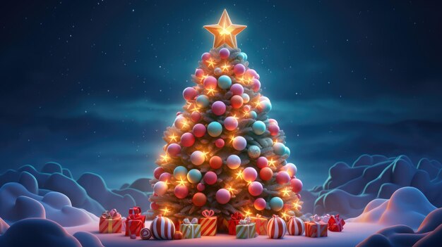 A festive Christmas tree adorned with ornaments twinkling lights and a shining star on top