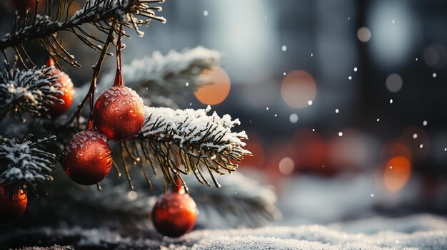 祭りのクリスマスツリー クローズアップ 雪の枝と装飾