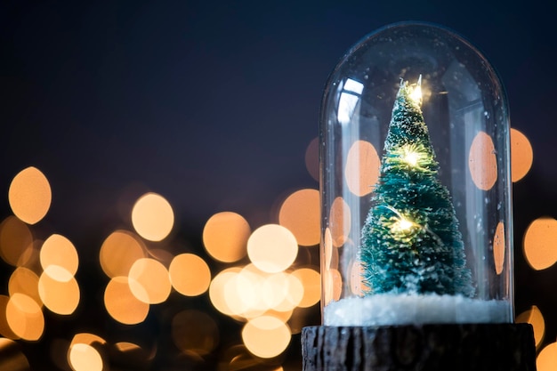 Праздничная рождественская елка внутри стеклянного снежного шара с размытыми огнями