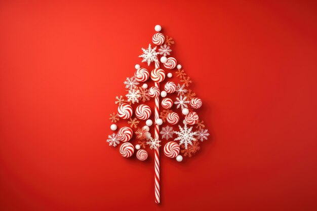 Foto albero di natale festivo fatto di dolci su rosso