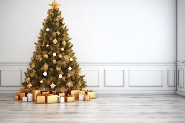 Праздничная новогодняя елка с подарками под ней в уютной комнате Генеративный ИИ