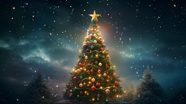 頂上に輝く星がついたお祭り気分のクリスマスツリー
