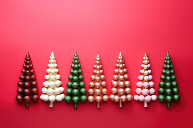 Festive Christmas Trees Decoration on Red Background