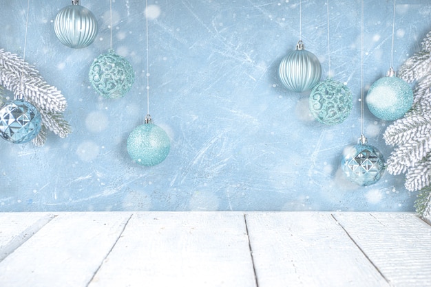 Festive Christmas or Winter Decoration with Blue Silver Xmas Tree Balls