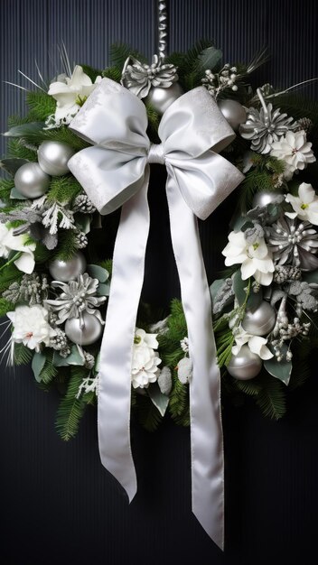 Festive Christmas Wreath with Silver Bells Ribbons and Snowflakes AI Generated