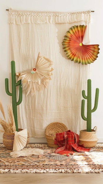 Festive Cinco de Mayo decor with paper fans and cacti