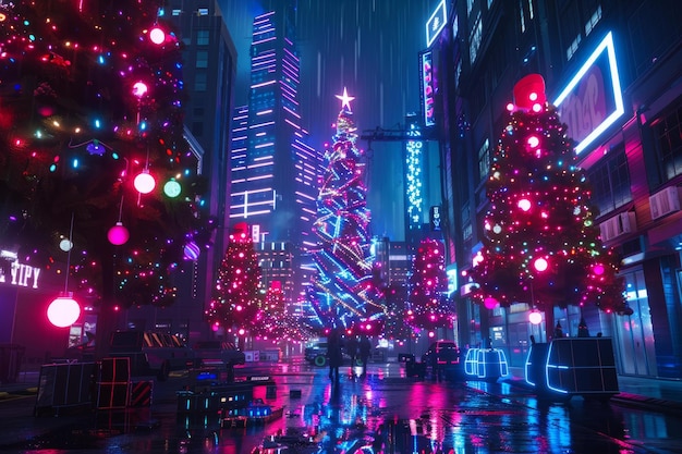 Photo festive cityscape with illuminated christmas trees at night