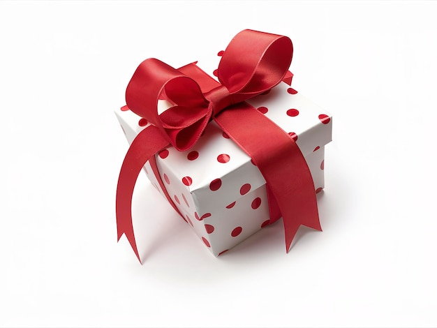 Праздничная закрытая подарочная коробка с точками и красным луком на белом изолированном фоне
