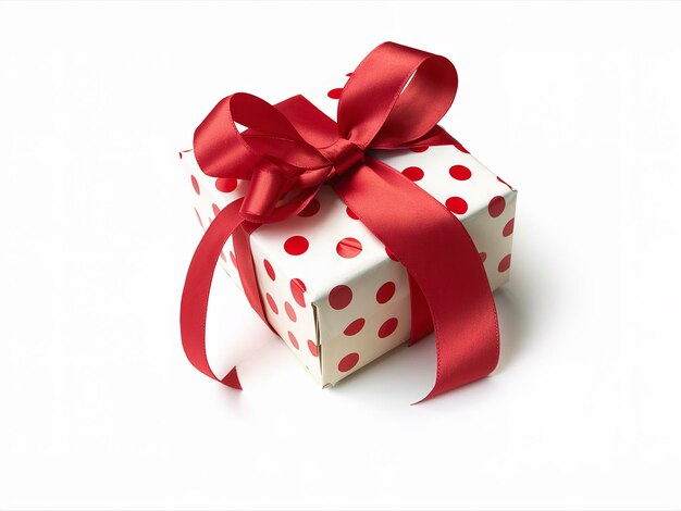 Festive closed gift box with dots and red bow on white isolated background