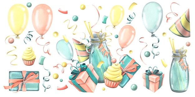 Foto un cocktail festivo con cupcake in paglia regala un berretto, palloncini e coriandoli illustrazione dell'acquerello disegnato a mano un set della collezione happy birthday elementi isolati su sfondo bianco