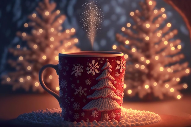 Festive cocoa hot chocolate red cup with winter pattern in form of christmas trees