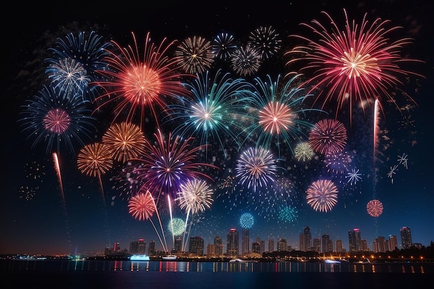 Festive colored fireworks on a night sky