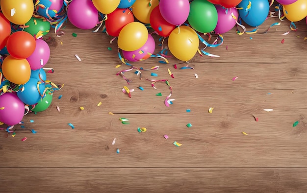 Festive colorful balloons and candies on a wooden background with free space