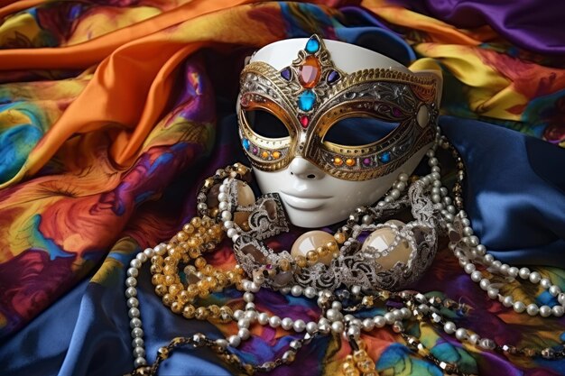 Festive colorful Mardi Gras or carnivale mask and beads on golden green and purple background