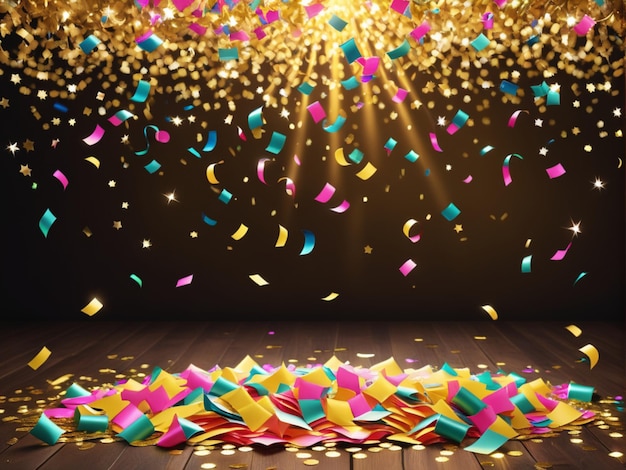 Photo a festive and colorful party with flying neon confetti on a golden background