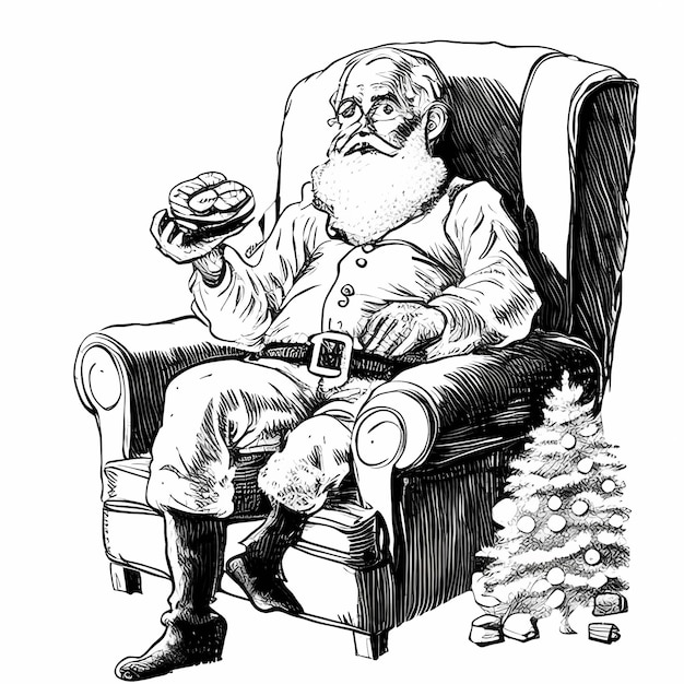 Photo festive coloring fun santa claus enjoying cookies on an armchair a christmas tree sketch