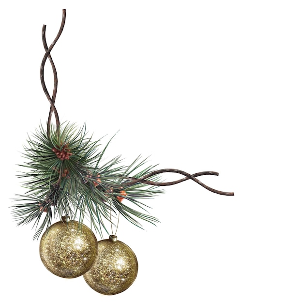 전나무 가지와 황금 크리스마스 공의 축제 구성