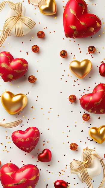 Festive composition of red and gold heart decorations on a white background