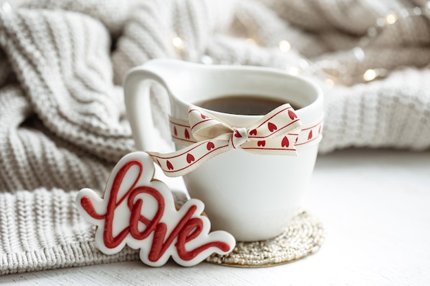 Festive composition with a cup and decor details for valentines day