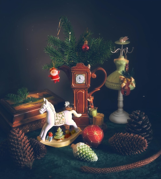 Festive composition with New Year's toys and a Christmas tree. Christmas. New Year