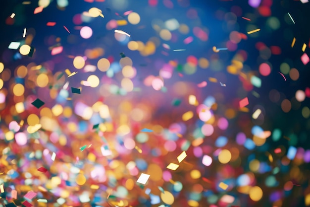 Festive confetti burst against a colorful bokeh backdrop