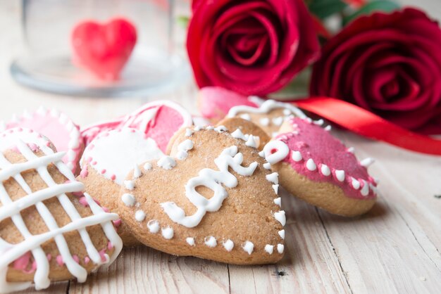 Festive cookies with hearts and roses for Valentine's Day, 