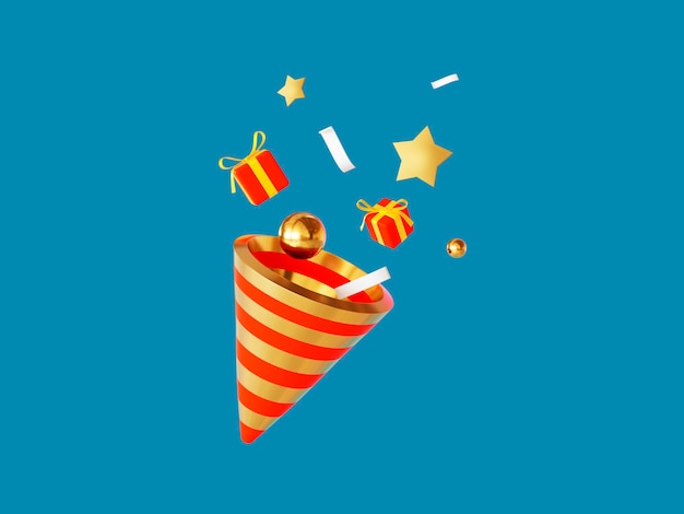 星が付いたお祝いのクラッカーは、金の風船と紙吹雪を贈ります。新年の要素の3Dレンダリング