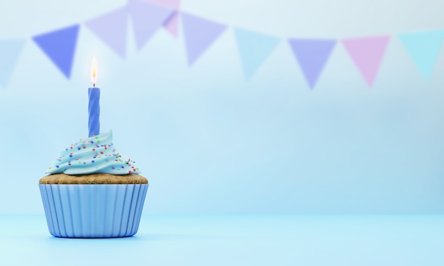 Festive cupcake covered with blue icing with one candle on blue background with blurred flags, 3d rendering.