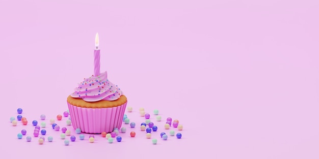 Festive cupcake covered with pink glaze with one candle and colorful sprinkles on pink background, 3d rendering. Birthday greeting card.