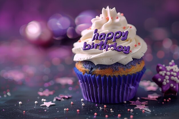 Photo a festive cupcake with happy birthday topping and purple tones