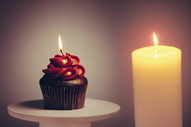 생일 축하를 위해 크림과 촛불을 곁들인 축제 컵케이크