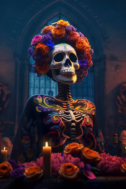 Festive Day of the Dead altar with a colorful Catrina Generative AI