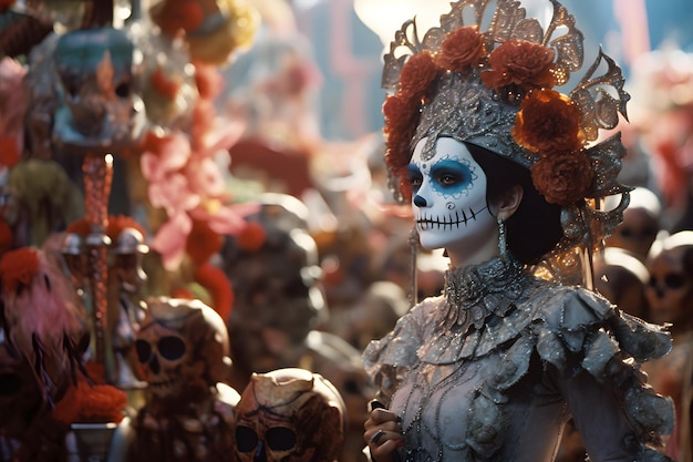 A festive Day of the Dead parade with elaborate floats