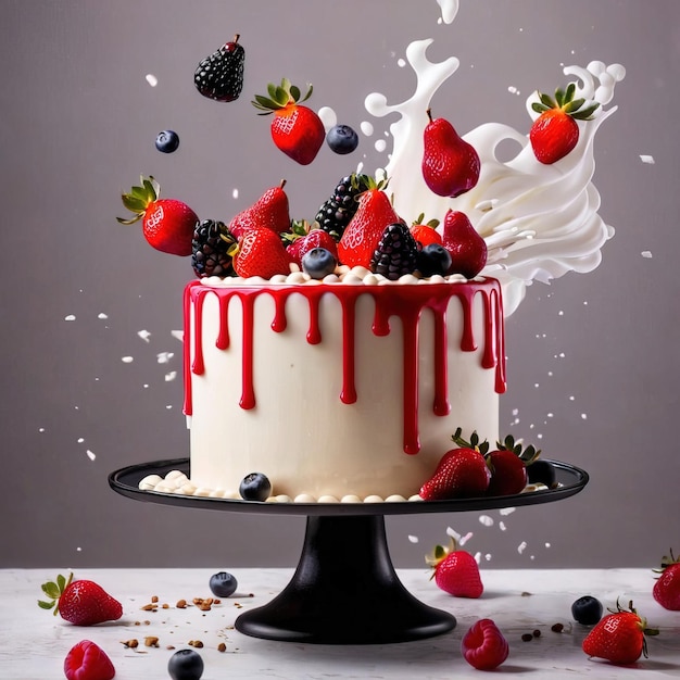 Festive decorated cake with frosting and fruits