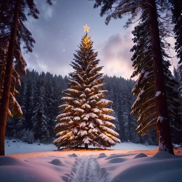 Фото Праздничная украшенная рождественская елка в открытом снежном ландшафте