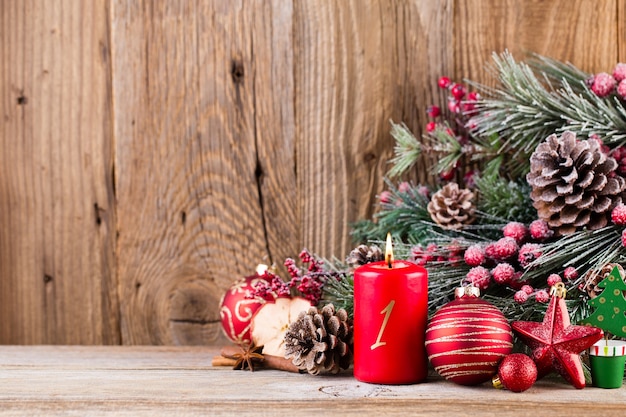 Festive decoration on wooden table with copy space