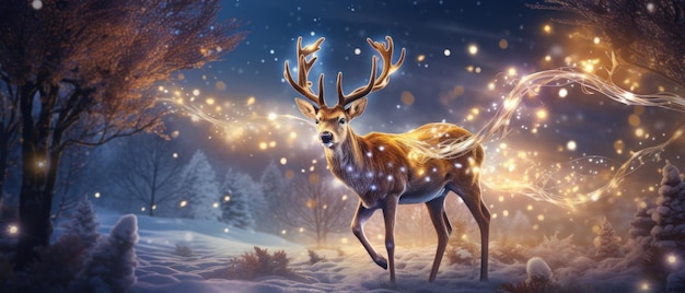 Праздничный олень сверкает огнями в зимней стране чудес Генеративный ИИ